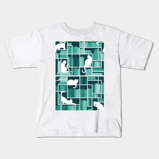 Rainbow bookshelf // monochromatic mint white shelf and library cats Kids T-Shirt